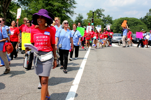 Moms Clean Air Force Play-In for Climate Action 2015 marching crossing street