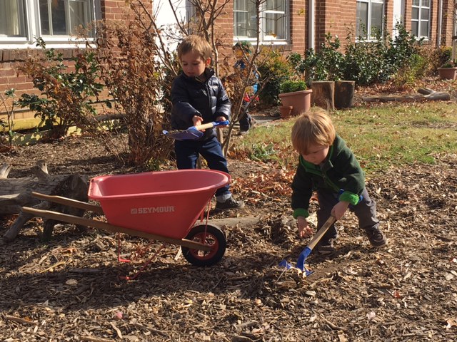 Potomac Crescent Waldorf School outdoors with wheelbarrow